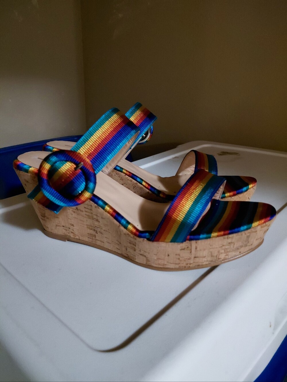 Women’s Rainbow Stripe Cork Wedge Sandals